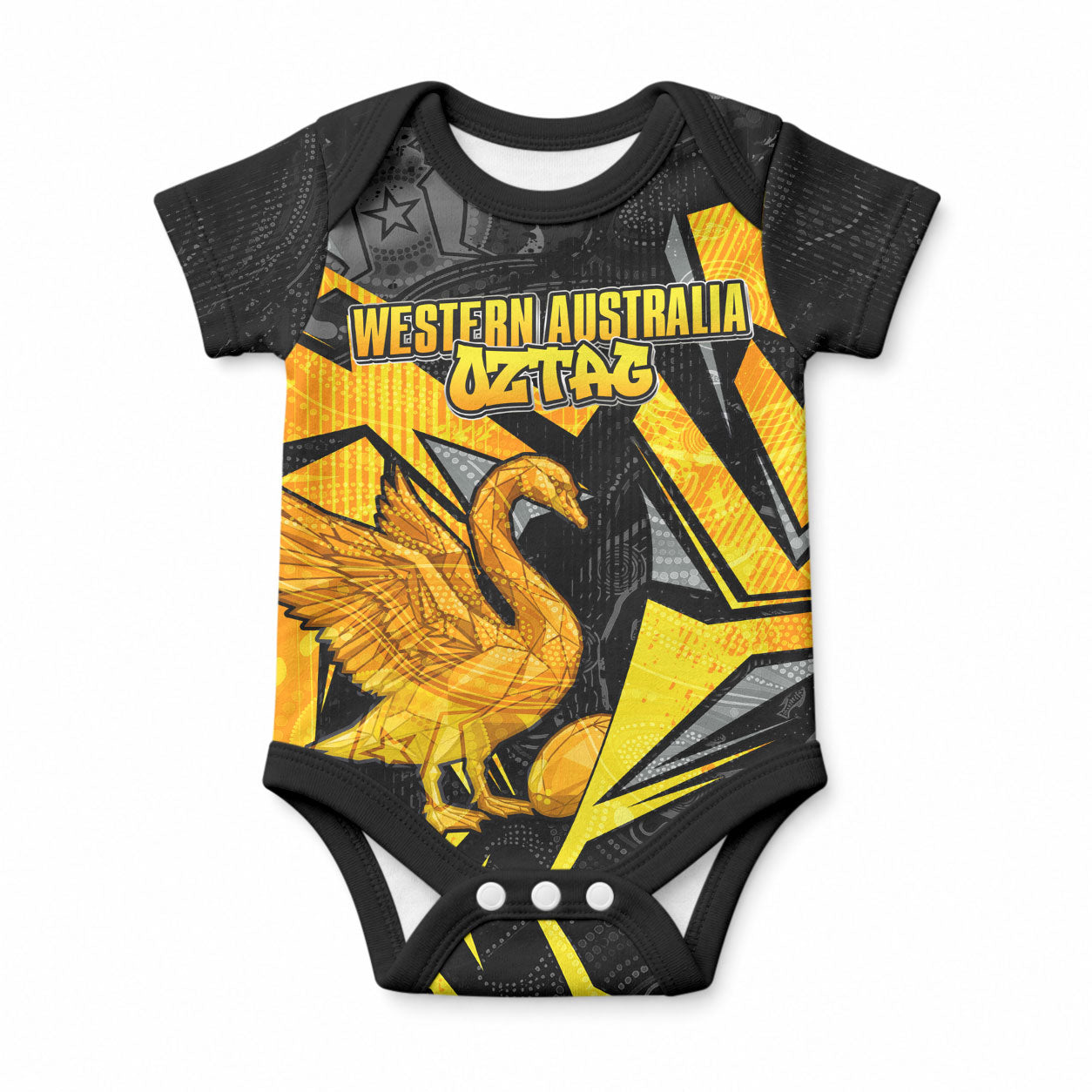 Personalised Western Australia Oztag Swan Baby Onesie Black Gold Geometric Swan Aboriginal