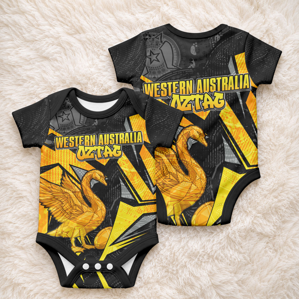 Personalised Western Australia Oztag Swan Baby Onesie Black Gold Geometric Swan Aboriginal