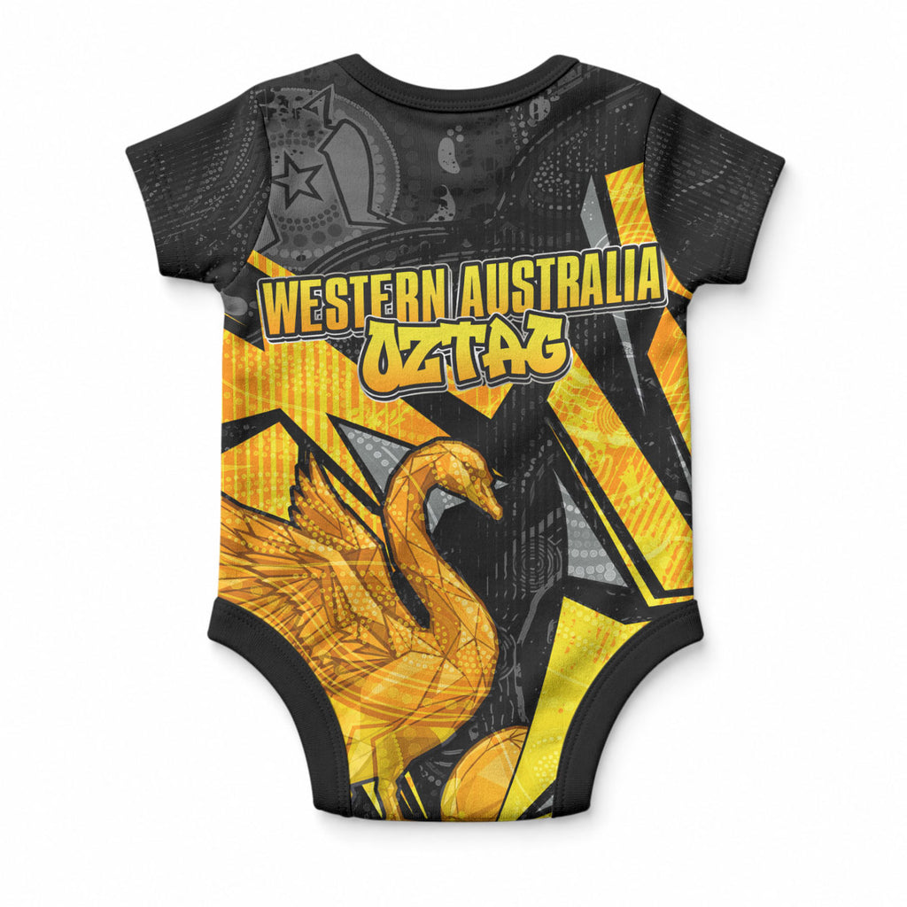 Personalised Western Australia Oztag Swan Baby Onesie Black Gold Geometric Swan Aboriginal