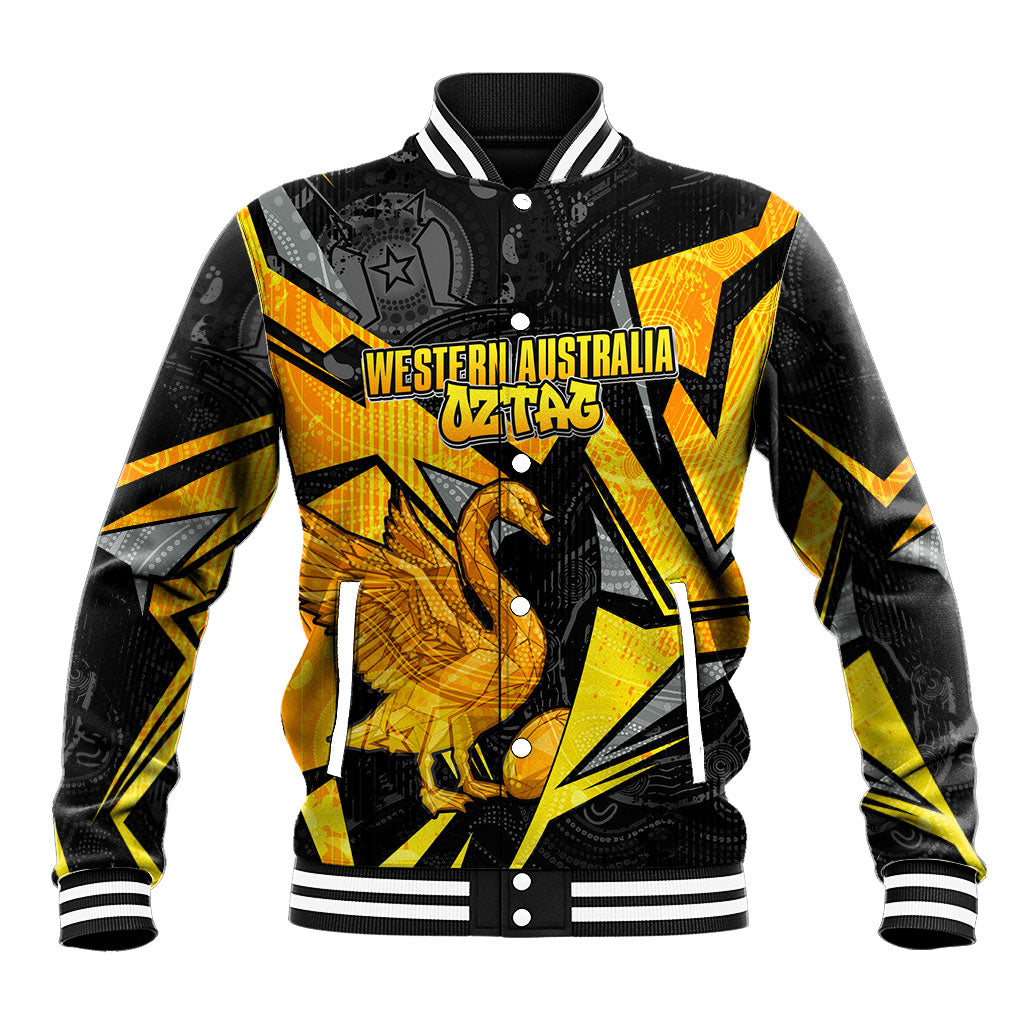 Personalised Western Australia Oztag Swan Baseball Jacket Black Gold Geometric Swan Aboriginal