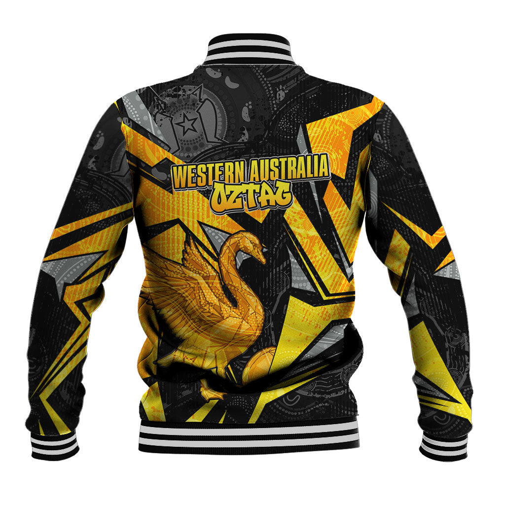 Personalised Western Australia Oztag Swan Baseball Jacket Black Gold Geometric Swan Aboriginal