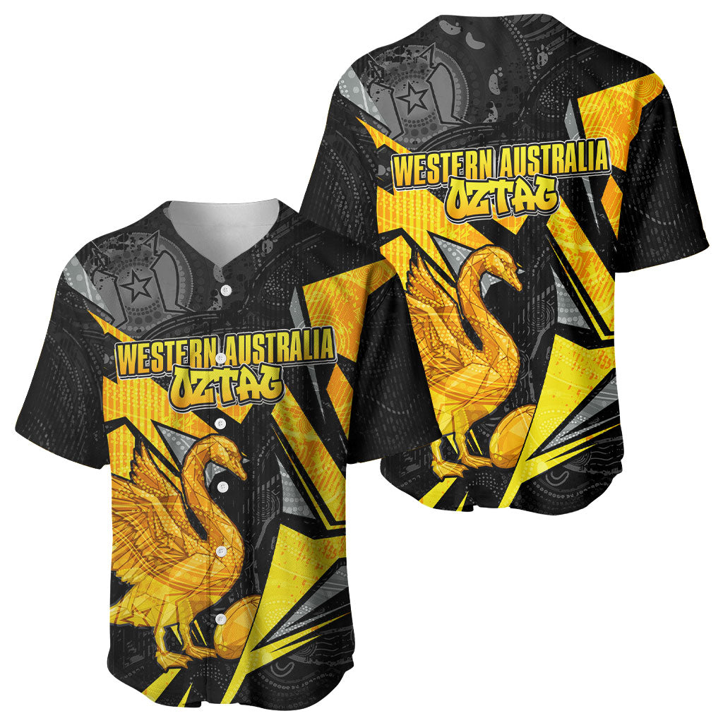 Personalised Western Australia Oztag Swan Baseball Jersey Black Gold Geometric Swan Aboriginal