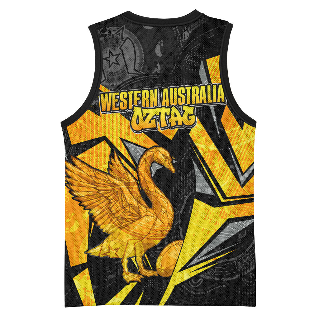 Personalised Western Australia Oztag Swan Basketball Jersey Black Gold Geometric Swan Aboriginal