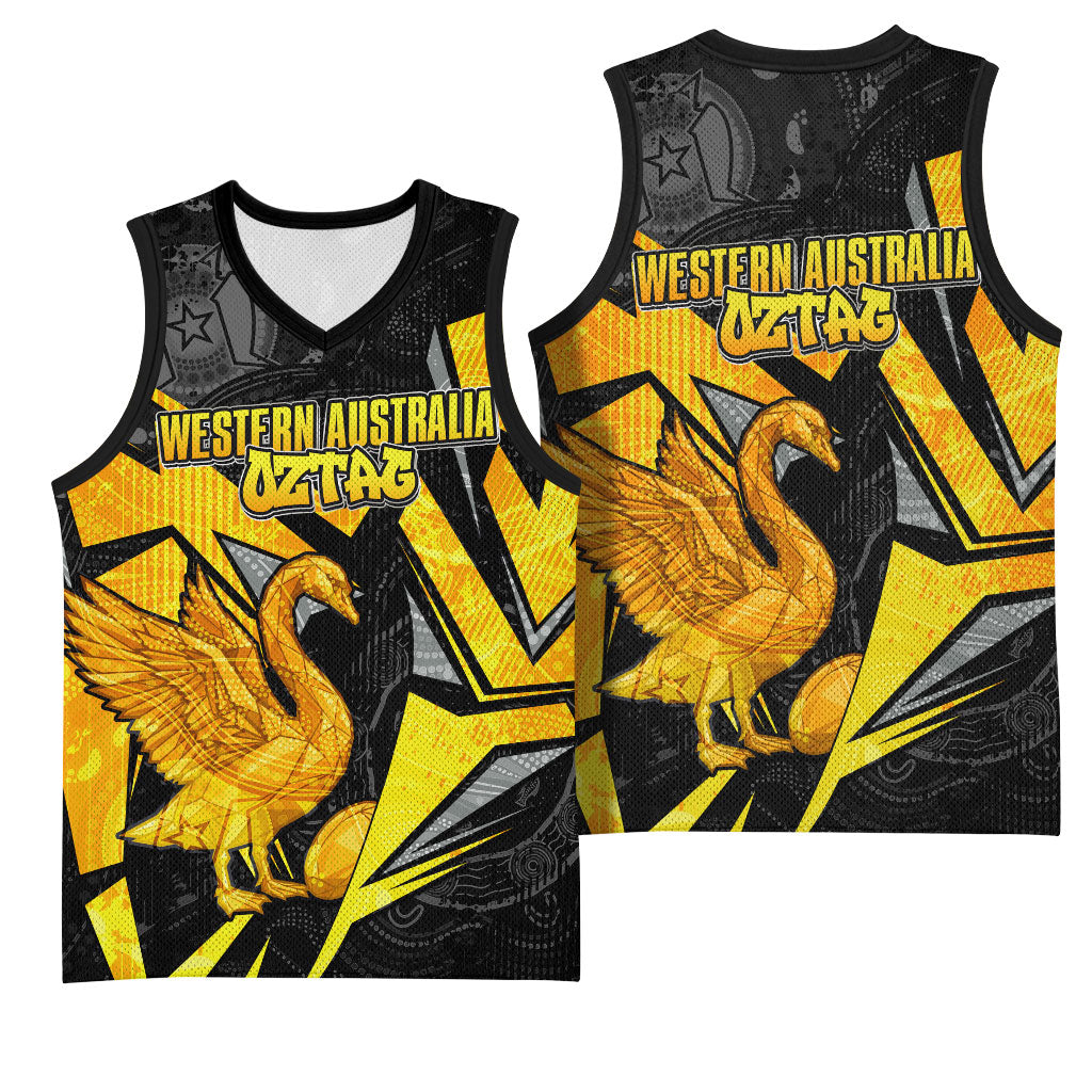 Personalised Western Australia Oztag Swan Basketball Jersey Black Gold Geometric Swan Aboriginal