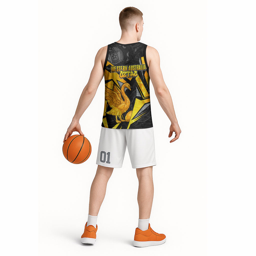 Personalised Western Australia Oztag Swan Basketball Jersey Black Gold Geometric Swan Aboriginal