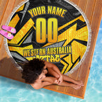 Personalised Western Australia Oztag Swan Beach Blanket Black Gold Geometric Swan Aboriginal