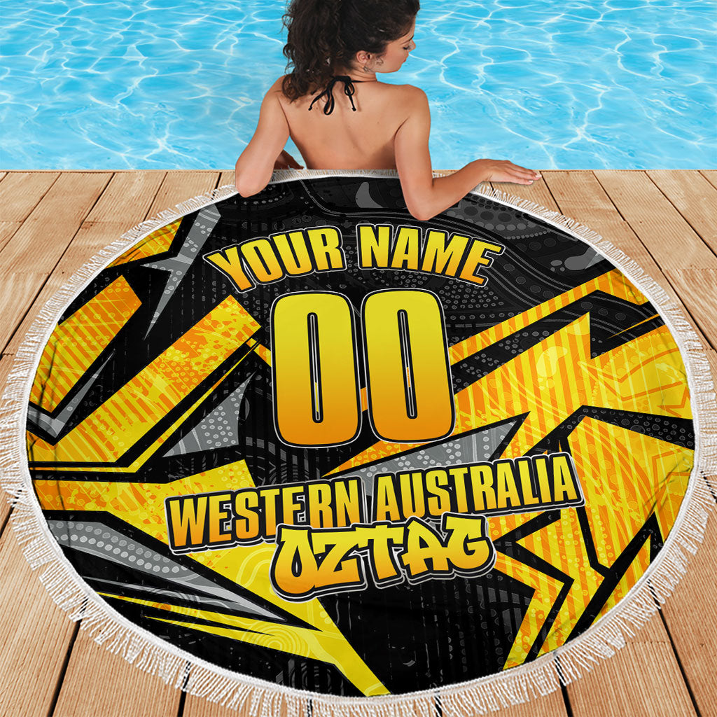 Personalised Western Australia Oztag Swan Beach Blanket Black Gold Geometric Swan Aboriginal