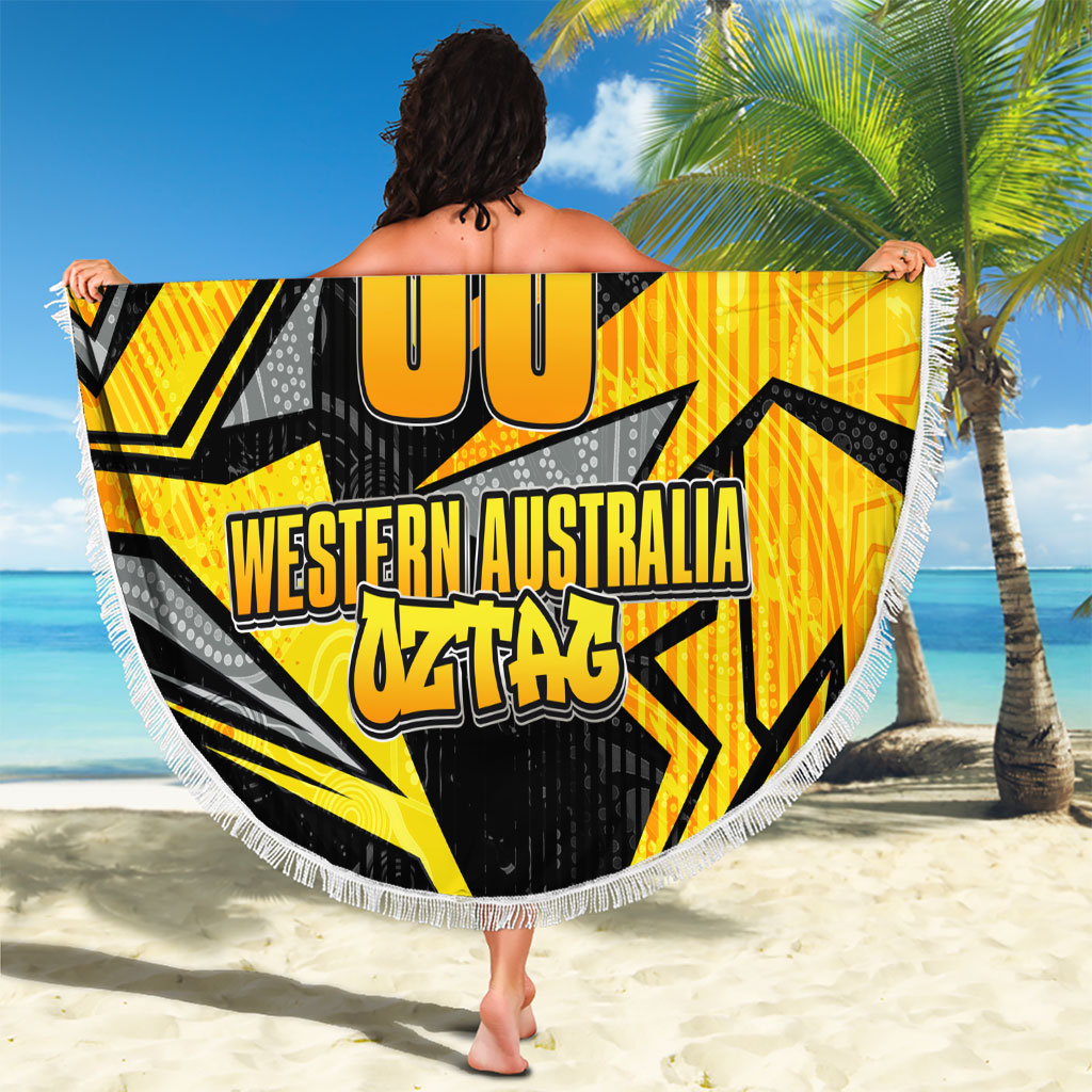 Personalised Western Australia Oztag Swan Beach Blanket Black Gold Geometric Swan Aboriginal