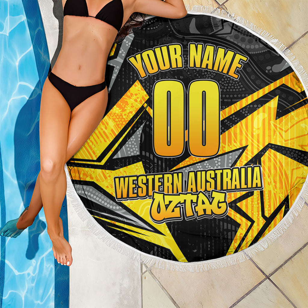 Personalised Western Australia Oztag Swan Beach Blanket Black Gold Geometric Swan Aboriginal