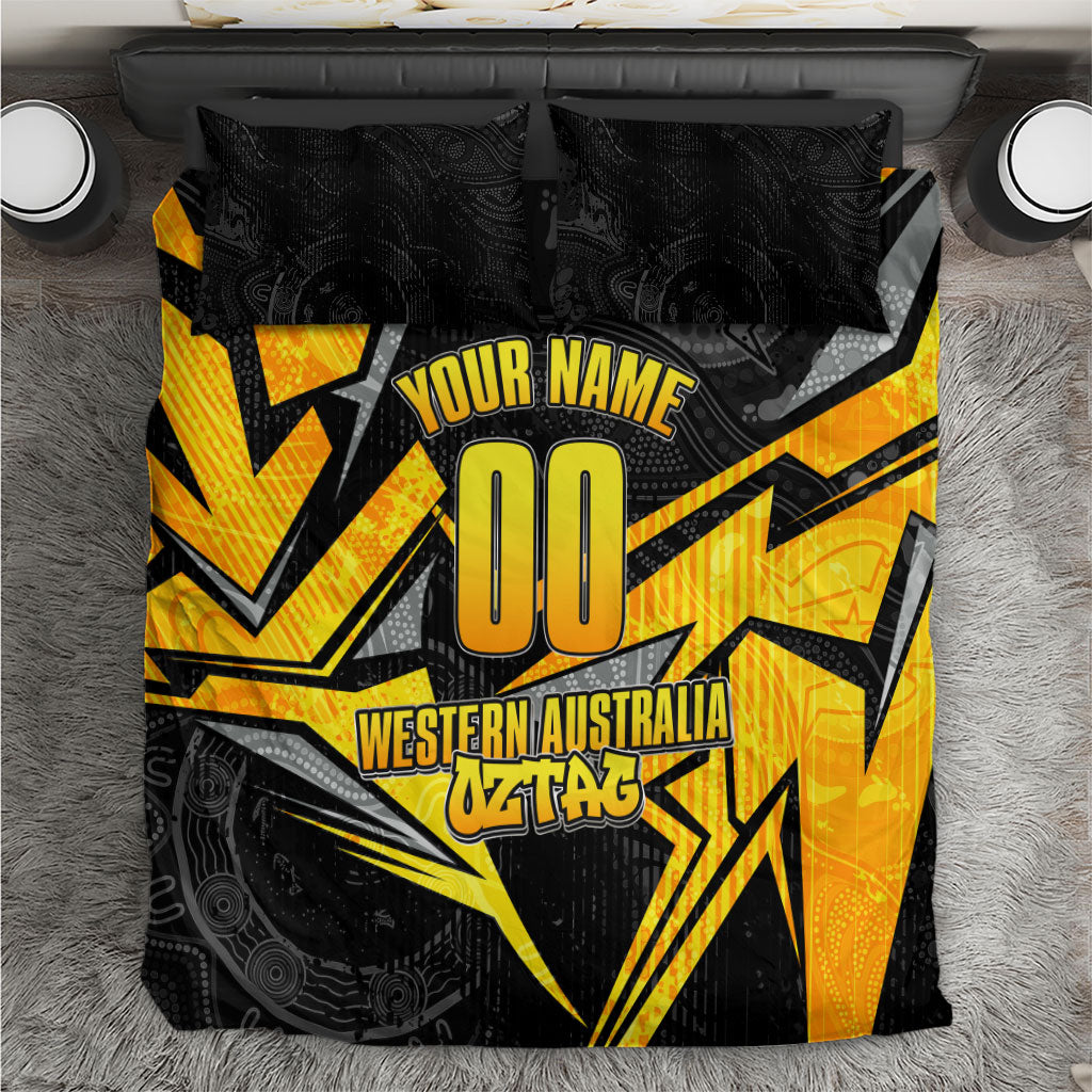 Personalised Western Australia Oztag Swan Bedding Set Black Gold Geometric Swan Aboriginal