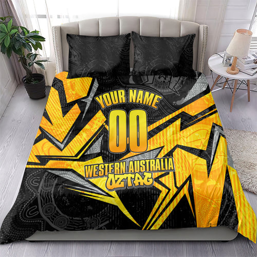 Personalised Western Australia Oztag Swan Bedding Set Black Gold Geometric Swan Aboriginal