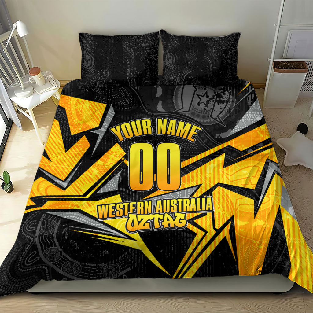 Personalised Western Australia Oztag Swan Bedding Set Black Gold Geometric Swan Aboriginal