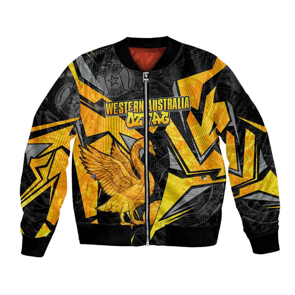 Personalised Western Australia Oztag Swan Bomber Jacket Black Gold Geometric Swan Aboriginal