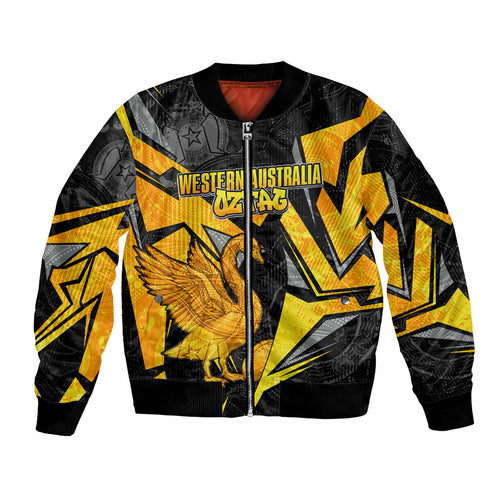 Personalised Western Australia Oztag Swan Bomber Jacket Black Gold Geometric Swan Aboriginal