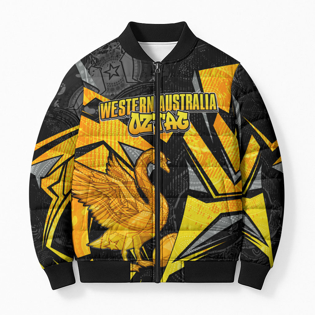 Personalised Western Australia Oztag Swan Bomber Puffer Jacket Black Gold Geometric Swan Aboriginal