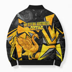 Personalised Western Australia Oztag Swan Bomber Puffer Jacket Black Gold Geometric Swan Aboriginal