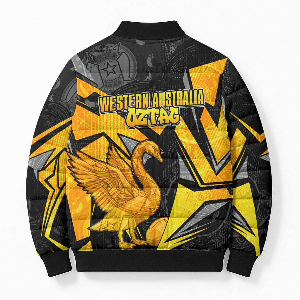 Personalised Western Australia Oztag Swan Bomber Puffer Jacket Black Gold Geometric Swan Aboriginal