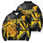 Personalised Western Australia Oztag Swan Bomber Puffer Jacket Black Gold Geometric Swan Aboriginal
