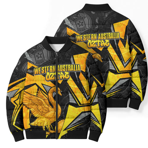 Personalised Western Australia Oztag Swan Bomber Puffer Jacket Black Gold Geometric Swan Aboriginal