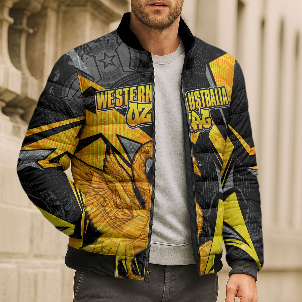 Personalised Western Australia Oztag Swan Bomber Puffer Jacket Black Gold Geometric Swan Aboriginal