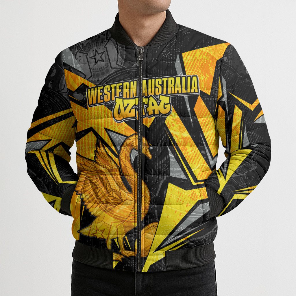 Personalised Western Australia Oztag Swan Bomber Puffer Jacket Black Gold Geometric Swan Aboriginal