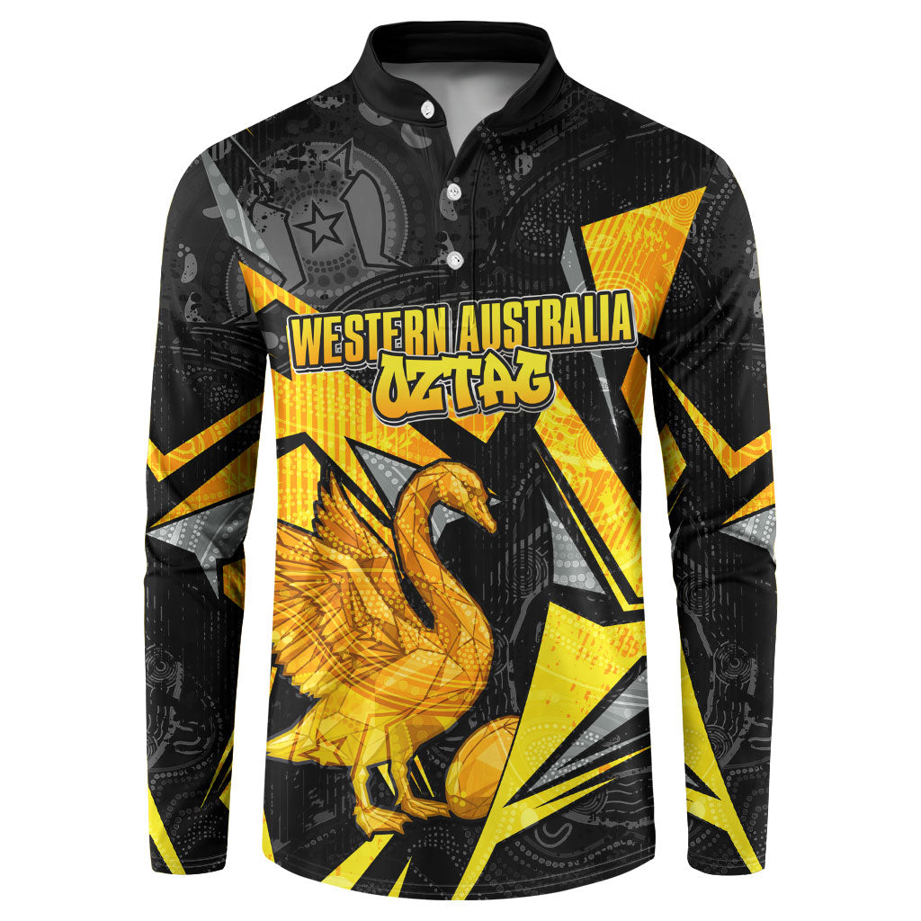 Personalised Western Australia Oztag Swan Button Sweatshirt Black Gold Geometric Swan Aboriginal