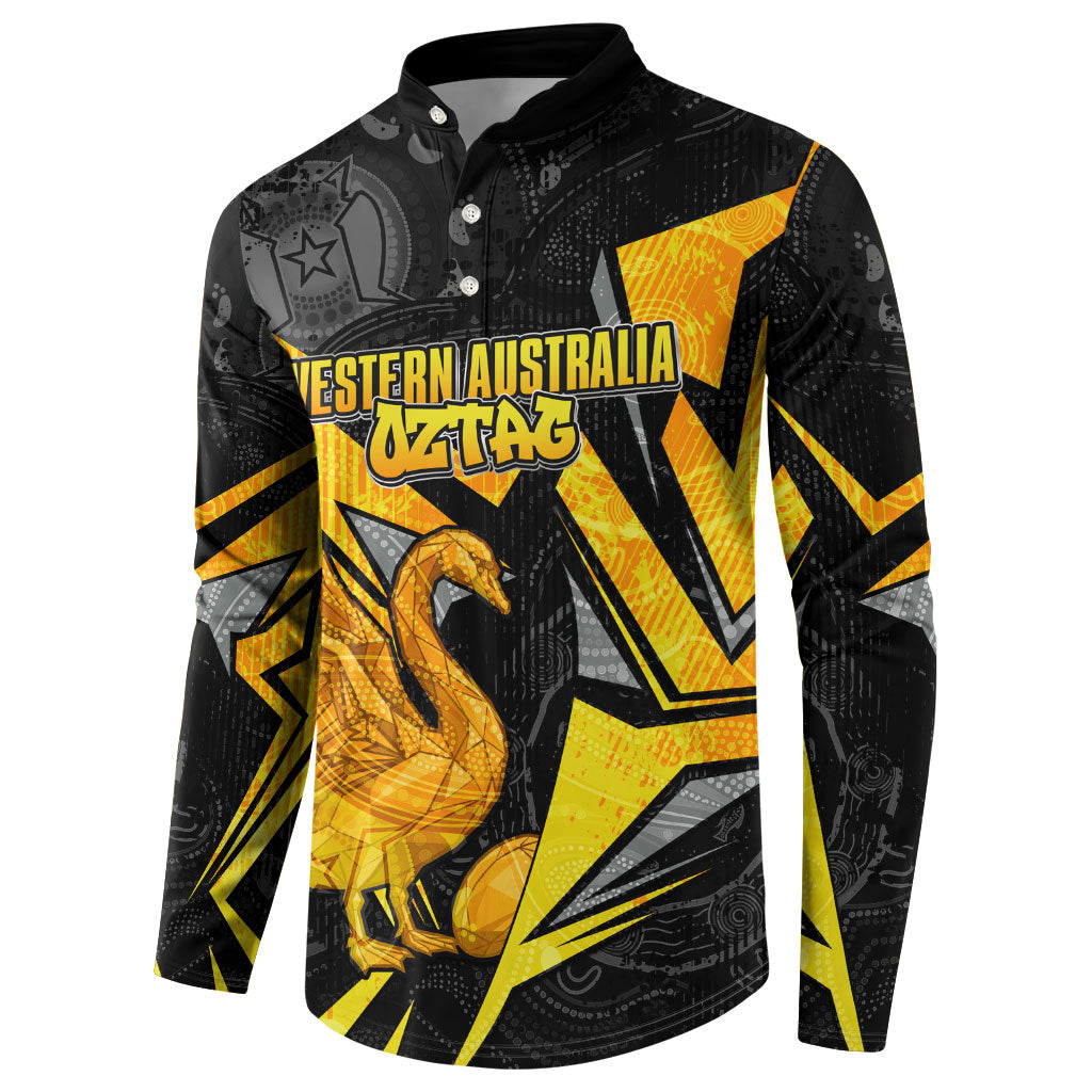 Personalised Western Australia Oztag Swan Button Sweatshirt Black Gold Geometric Swan Aboriginal