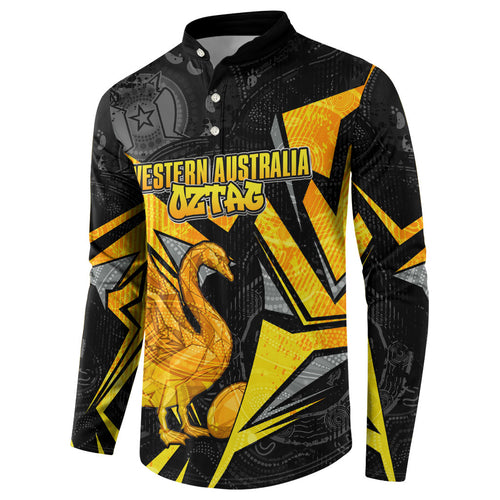 Personalised Western Australia Oztag Swan Button Sweatshirt Black Gold Geometric Swan Aboriginal
