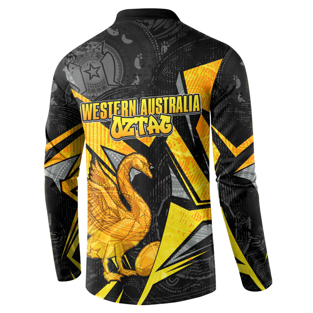 Personalised Western Australia Oztag Swan Button Sweatshirt Black Gold Geometric Swan Aboriginal