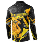 Personalised Western Australia Oztag Swan Button Sweatshirt Black Gold Geometric Swan Aboriginal