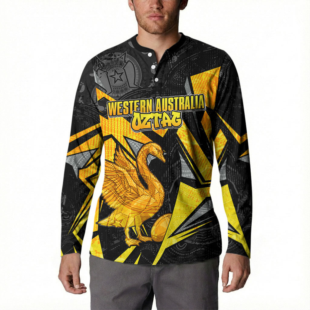 Personalised Western Australia Oztag Swan Button Sweatshirt Black Gold Geometric Swan Aboriginal