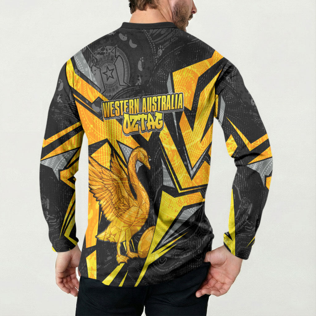 Personalised Western Australia Oztag Swan Button Sweatshirt Black Gold Geometric Swan Aboriginal