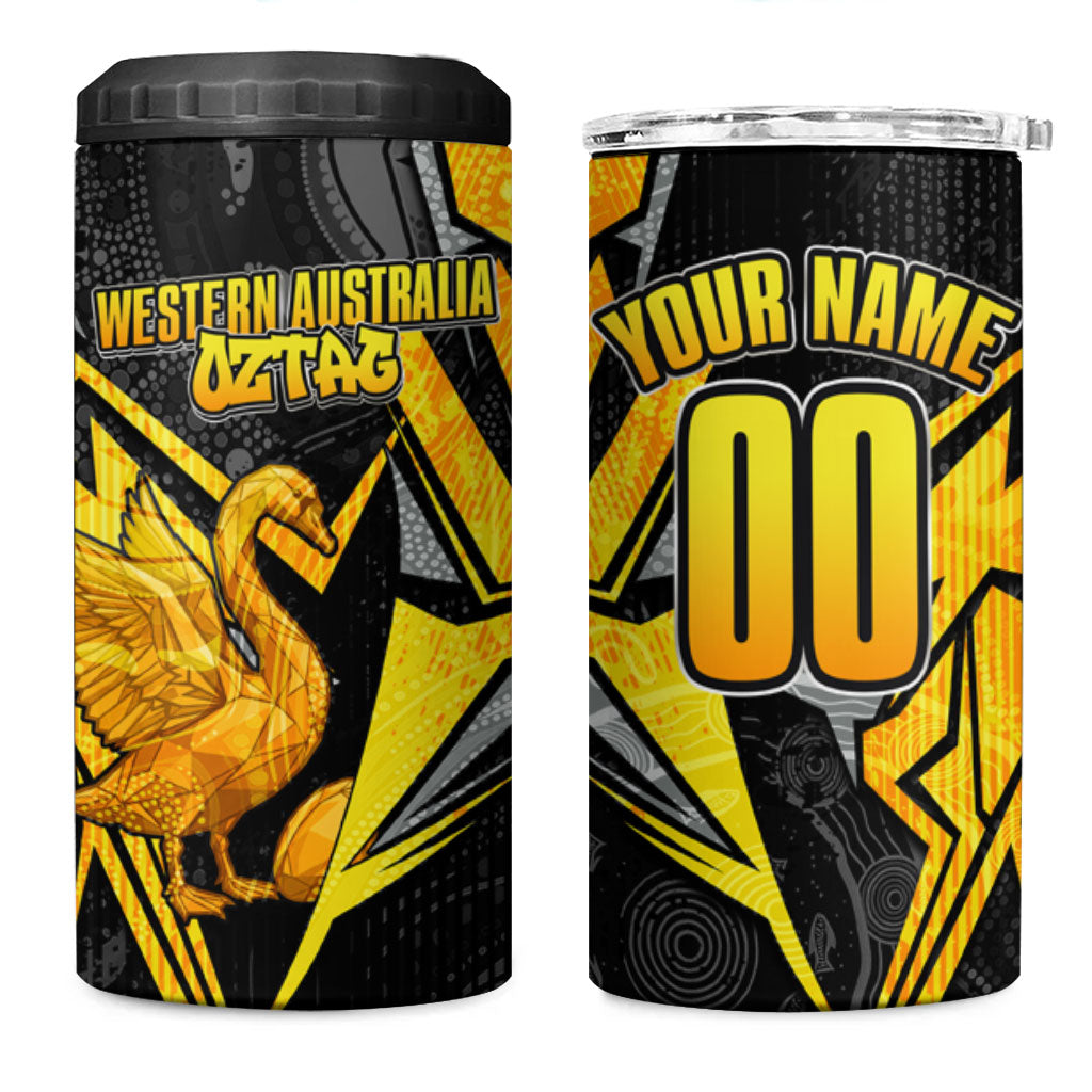 Personalised Western Australia Oztag Swan 4 in 1 Can Cooler Tumbler Black Gold Geometric Swan Aboriginal