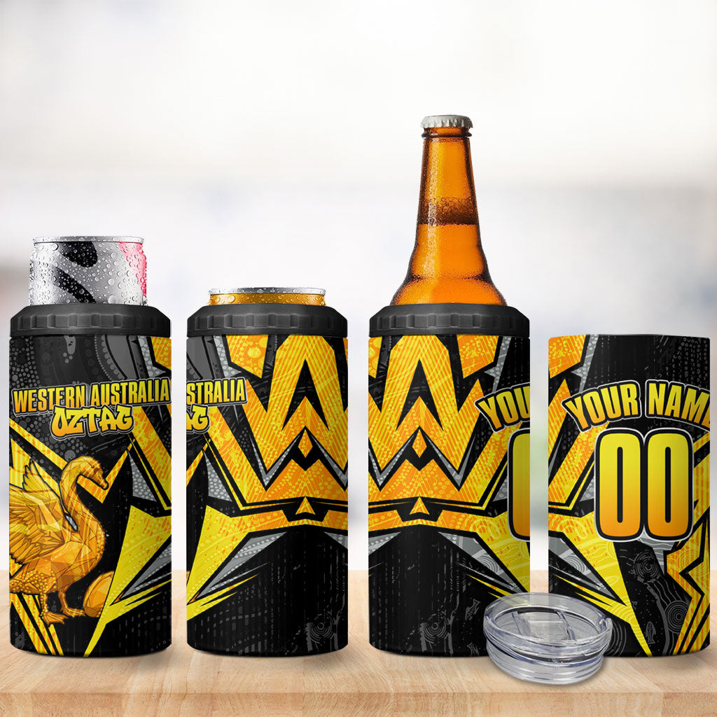 Personalised Western Australia Oztag Swan 4 in 1 Can Cooler Tumbler Black Gold Geometric Swan Aboriginal