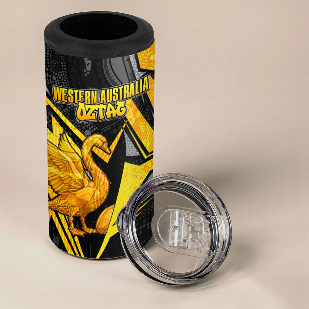 Personalised Western Australia Oztag Swan 4 in 1 Can Cooler Tumbler Black Gold Geometric Swan Aboriginal
