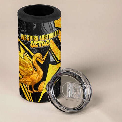 Personalised Western Australia Oztag Swan 4 in 1 Can Cooler Tumbler Black Gold Geometric Swan Aboriginal