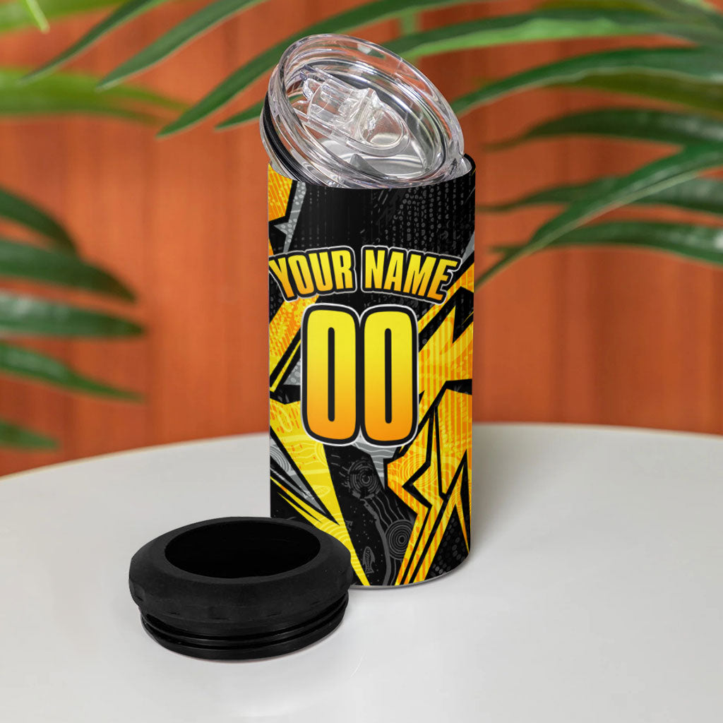 Personalised Western Australia Oztag Swan 4 in 1 Can Cooler Tumbler Black Gold Geometric Swan Aboriginal