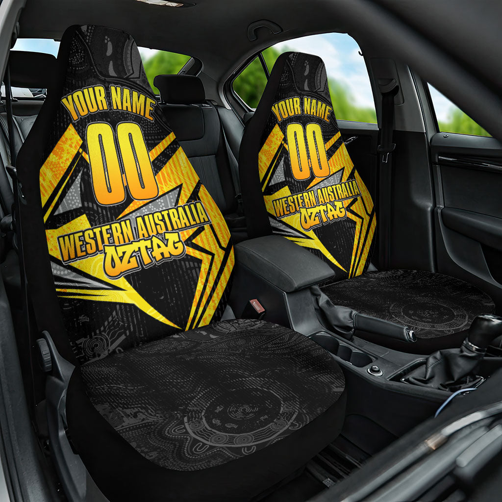 Personalised Western Australia Oztag Swan Car Seat Cover Black Gold Geometric Swan Aboriginal