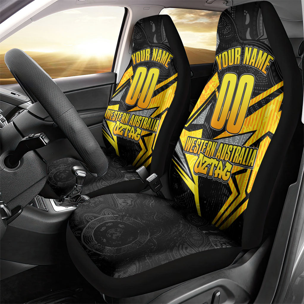 Personalised Western Australia Oztag Swan Car Seat Cover Black Gold Geometric Swan Aboriginal