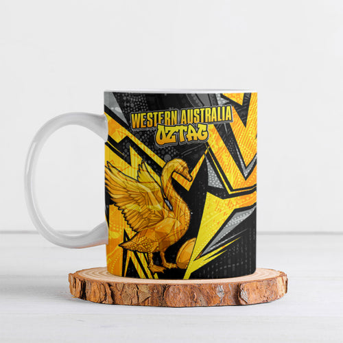Personalised Western Australia Oztag Swan Ceramic Mug Black Gold Geometric Swan Aboriginal