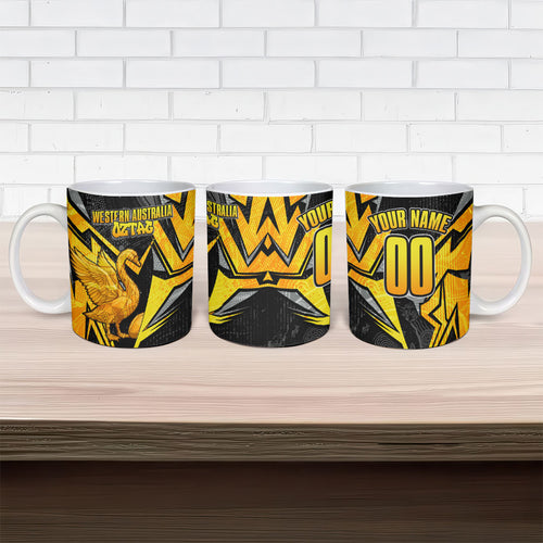 Personalised Western Australia Oztag Swan Ceramic Mug Black Gold Geometric Swan Aboriginal