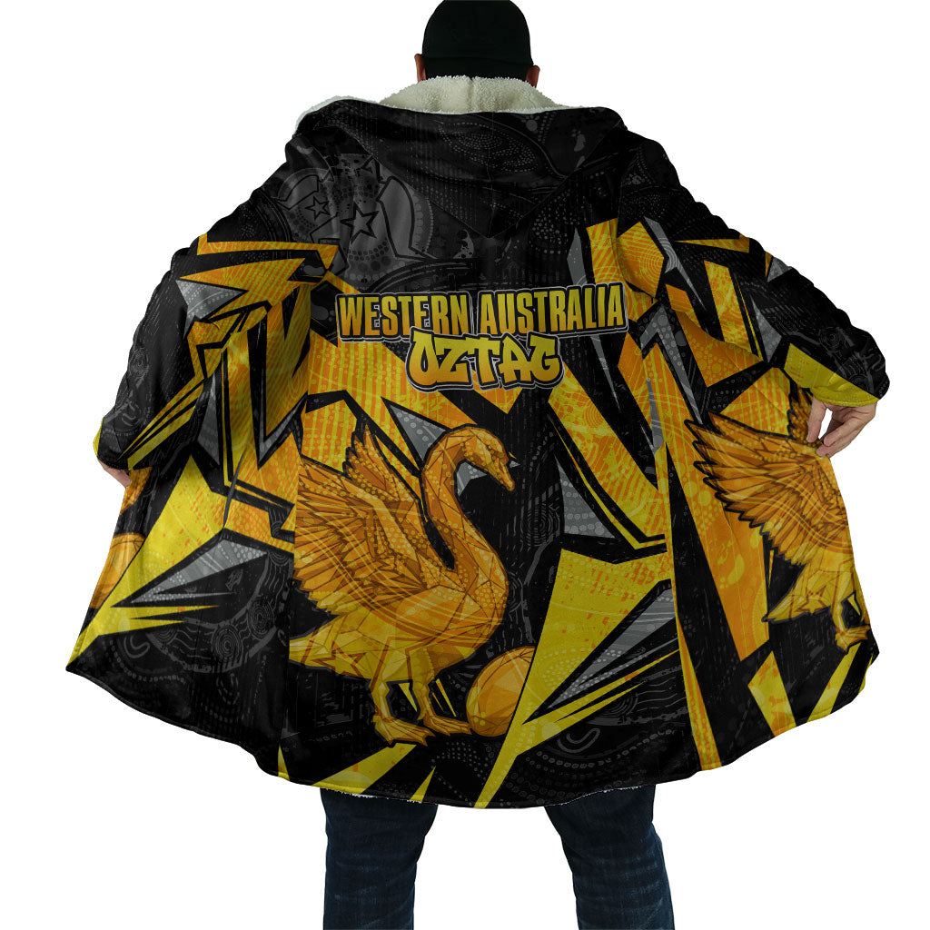 Personalised Western Australia Oztag Swan Cloak Black Gold Geometric Swan Aboriginal