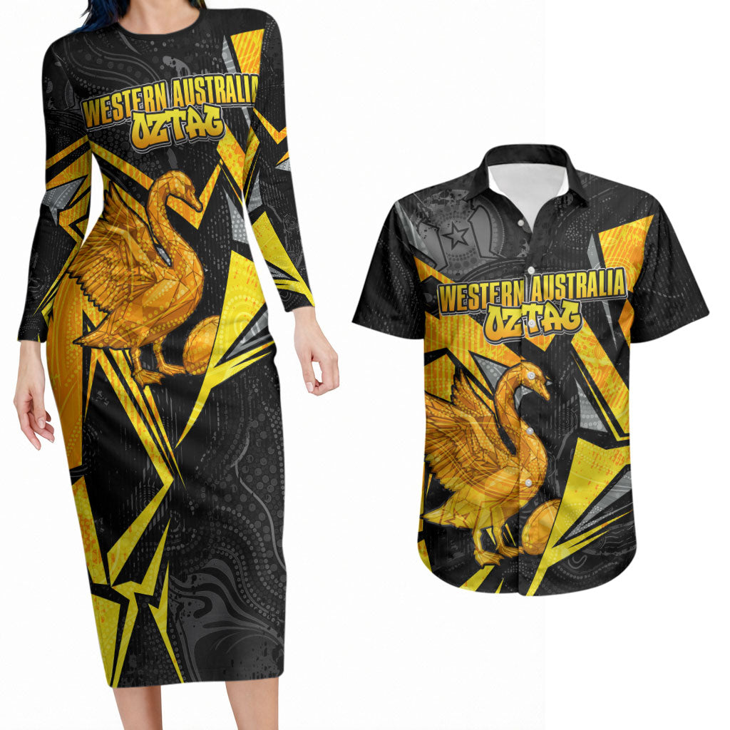 Personalised Western Australia Oztag Swan Couples Matching Long Sleeve Bodycon Dress and Hawaiian Shirt Black Gold Geometric Swan Aboriginal