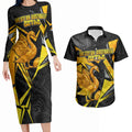 Personalised Western Australia Oztag Swan Couples Matching Long Sleeve Bodycon Dress and Hawaiian Shirt Black Gold Geometric Swan Aboriginal