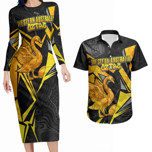 Personalised Western Australia Oztag Swan Couples Matching Long Sleeve Bodycon Dress and Hawaiian Shirt Black Gold Geometric Swan Aboriginal