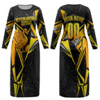 Personalised Western Australia Oztag Swan Couples Matching Long Sleeve Bodycon Dress and Hawaiian Shirt Black Gold Geometric Swan Aboriginal