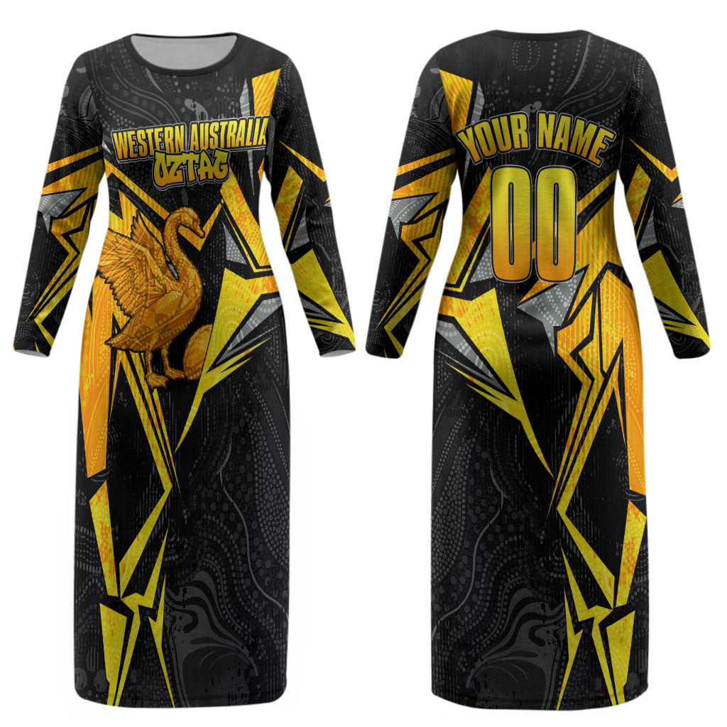 Personalised Western Australia Oztag Swan Couples Matching Long Sleeve Bodycon Dress and Hawaiian Shirt Black Gold Geometric Swan Aboriginal