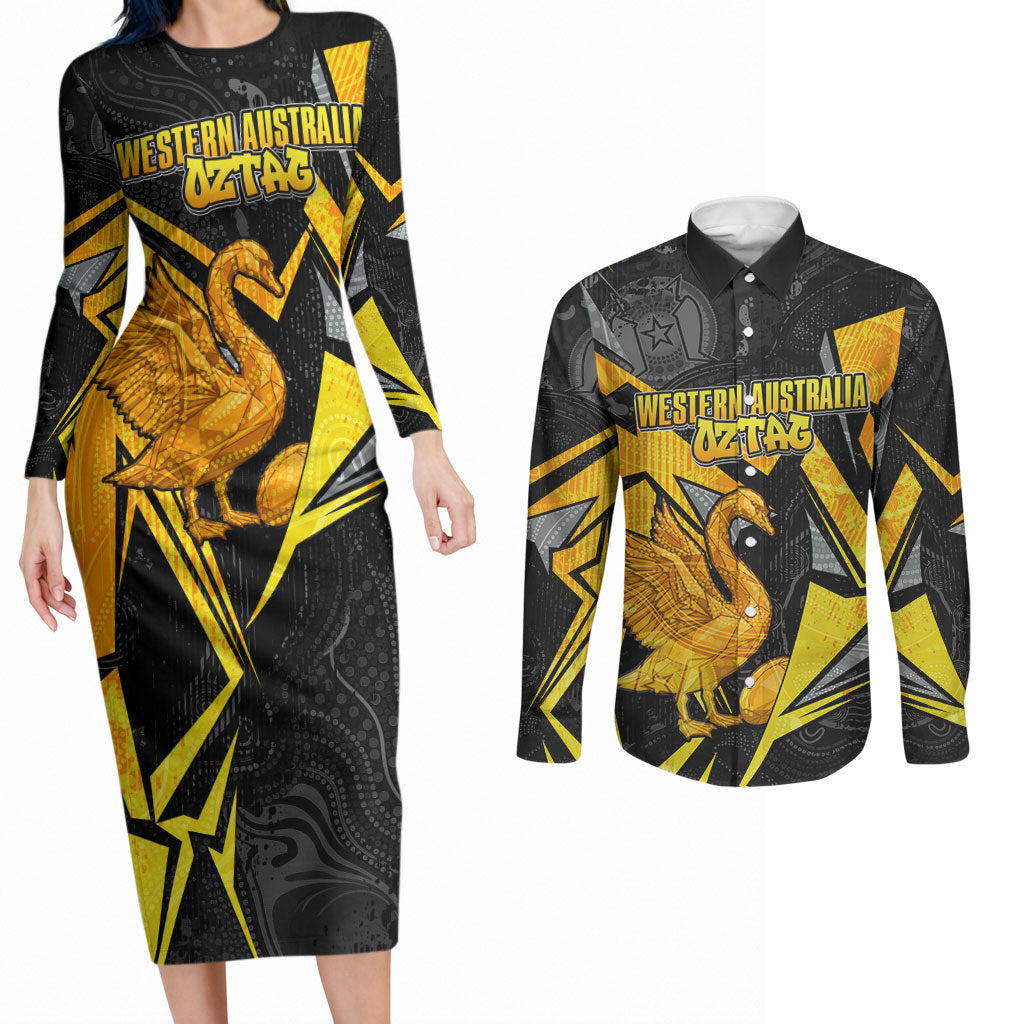 Personalised Western Australia Oztag Swan Couples Matching Long Sleeve Bodycon Dress and Long Sleeve Button Shirt Black Gold Geometric Swan Aboriginal