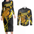 Personalised Western Australia Oztag Swan Couples Matching Long Sleeve Bodycon Dress and Long Sleeve Button Shirt Black Gold Geometric Swan Aboriginal