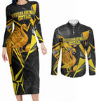 Personalised Western Australia Oztag Swan Couples Matching Long Sleeve Bodycon Dress and Long Sleeve Button Shirt Black Gold Geometric Swan Aboriginal